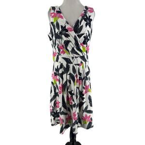 Lands End Works White Floral Sleeveless V-neck Knee Length Dress Size Medium